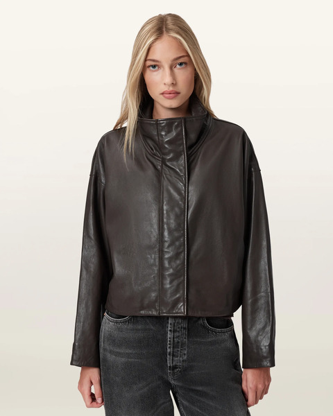  Allsaints Female Ryder Funnel Neck Leather Jacket, Size: M 