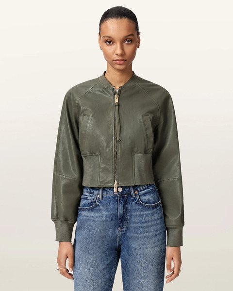  Allsaints Female Suri Cropped Leather Bomber Jacket, Size: 12 