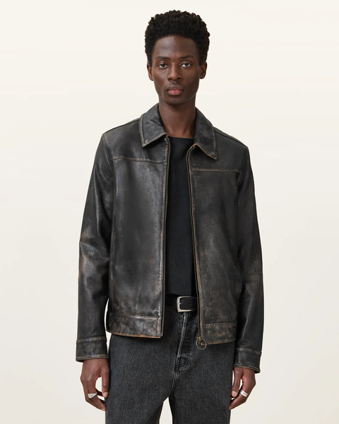  Allsaints Men's Alkan Zip Up Two Tone Leather Jacket, Size: M 