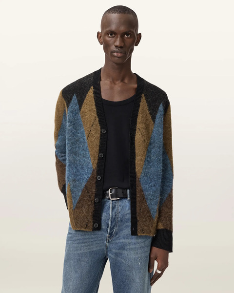  Allsaints Men's Bernie Oversized Argyle Cardigan, Size: Xs 