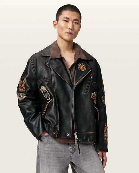  Allsaints Men's Hays Leather Biker Patch Jacket, Size: S 