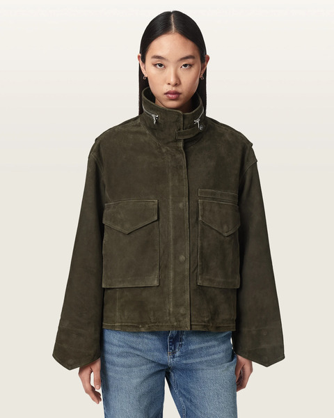  Allsaints Women's Clay Funnel Neck Suede Cropped Jacket, Size: Xs 