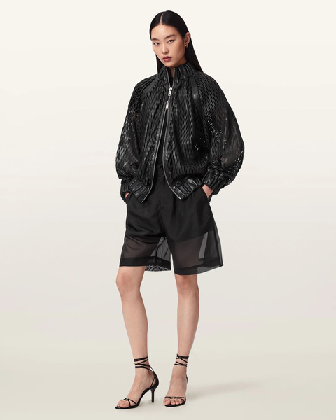  Allsaints Women's Dual Relaxed Fit Leather Bomber Jacket, Size: Xs 