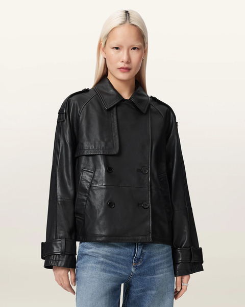  Allsaints Women's Reya Cropped Leather Mac, Size: Xs 