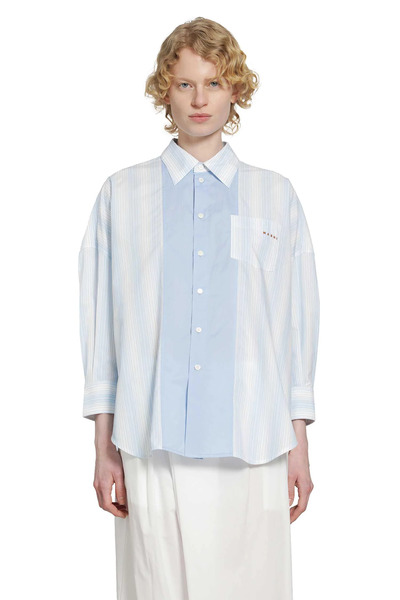  Cotton Poplin Pinstriped Patchwork Shirt 