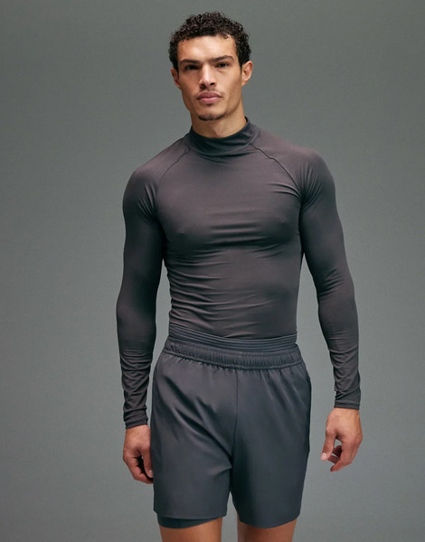  4505 Icon Active Quick Dry Muscle Fit Base Layer Training Long Sleeve Mock Neck Top In Charcoal Grey 