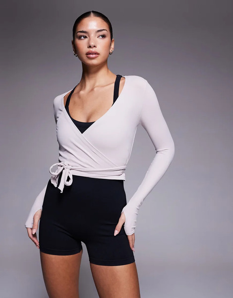  4505 Plush Handle Ballet Wrap Long Sleeve Top In Ash Neutral 