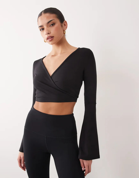  4505 Soft Touch Ballet Wrap Flared Sleeve Top In Black 