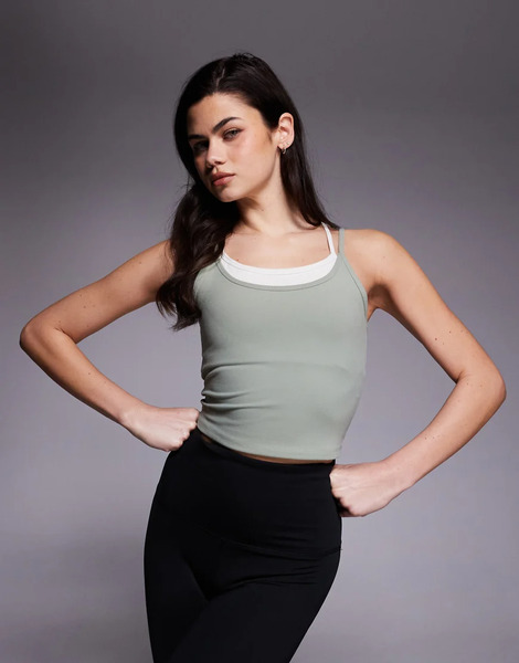  4505 Soft Touch Double Layer Strappy Tank With Removable Padding And Adjustable Straps In Pistachio & Buttermilk Green 