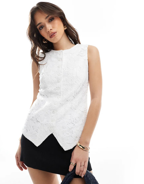  4th & Reckless Broderie Lace Button Through Waistcoat In White 