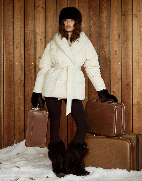  4th & Reckless Collared Wrap Belted Puffer Jacket In Ecru White 