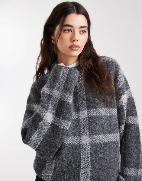  4th & Reckless Contains Wool Crew Neck Oversized Jumper In Grey Check 