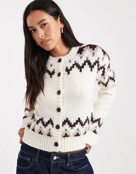  4th & Reckless Contains Wool Fairisle Button Through Cardigan In Cream White 