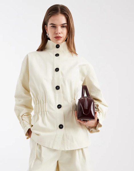  4th & Reckless Cotton Funnel Neck Button Through Shirred Waist Detail Waist Jacket Co Ord In Cream White 