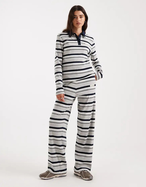  4th & Reckless Cotton Ribbed Logo Detail Ribbed Elasticated Waist Wide Leg Trouser Co Ord In Navy And Grey Stripe Multi 