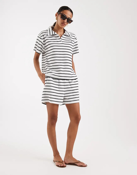  4th & Reckless Cotton Rich Towelling Collared Drawstring Waist Shorts Co Ord In Black & White Stripe Multi 