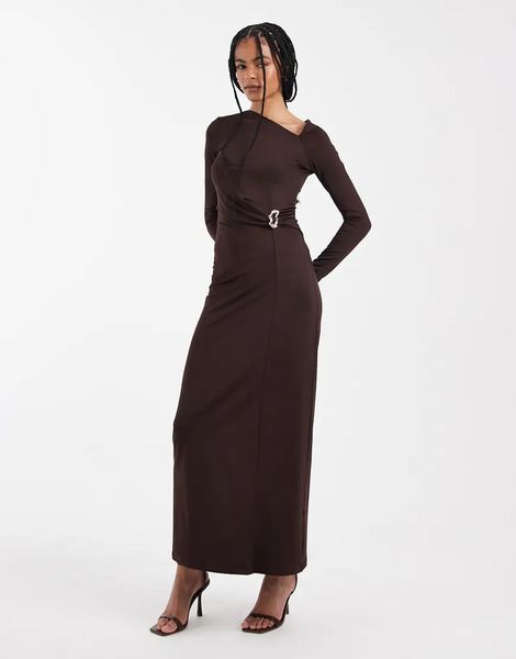  4th & Reckless Double Layered Slinky Cut Out Shoulder Detail Metal Hardware Waist Maxi Dress In Chocolate Brown 