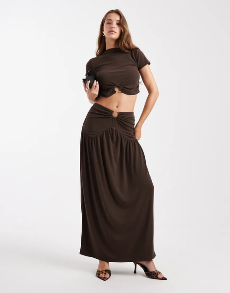  4th & Reckless Double Layered Slinky Gold Hardware Detail Dropped Waist Maxi Skirt Co Ord In Chocolate Brown 