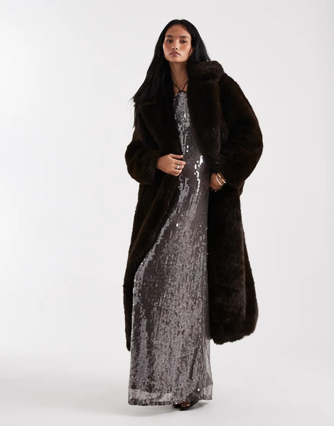 4th & Reckless Faux Fur Oversized Belted Maxi Coat In Chocolate Brown 