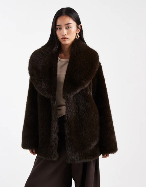  4th & Reckless Faux Fur Oversized Collar Jacket In Chocolate Brown 