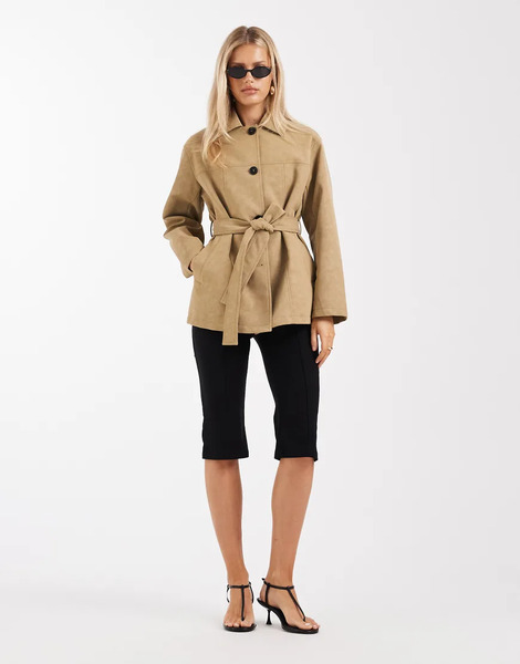  4th & Reckless Faux Leather Tie Waist Button Through Jacket In Camel Neutral 