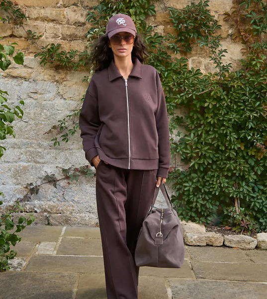  4th & Reckless Heavyweight Cotton Rich Embroidered Logo Seam Detail Wide Leg Jogger Co Ord In Chocolate Brown 
