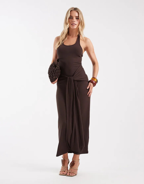  4th & Reckless Petite Soft Jersey Scoop Neck Halterneck Drape Tie Front Maxi Dress In Chocolate Brown 