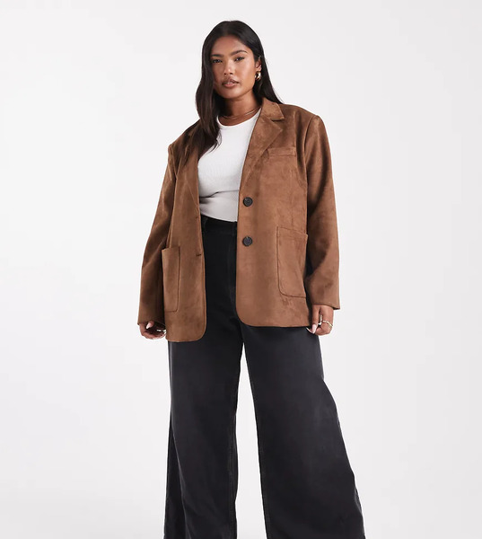  4th & Reckless Plus Faux Suede Pocket Front Tailored Blazer In Camel Brown 