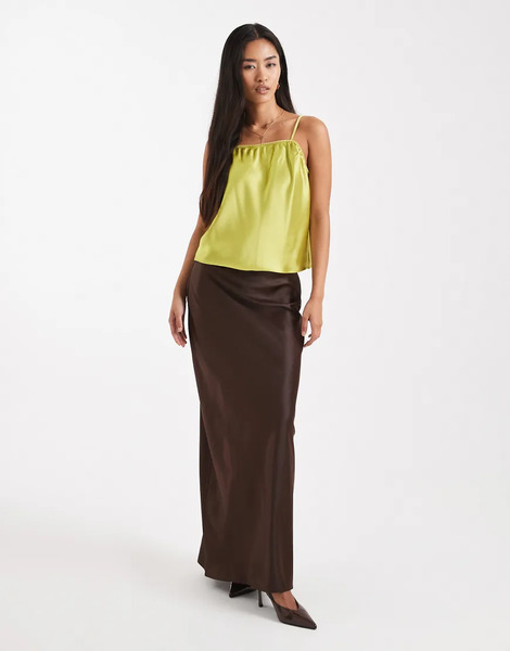  4th & Reckless Satin Column Maxi Skirt In Chocolate Brown 