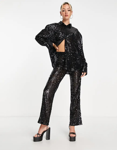 4th & Reckless Sequin Trouser Co Ord In Black 