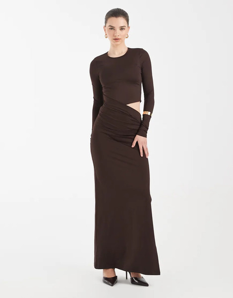  4th & Reckless Slinky Long Sleeve Asymmetric Cut Out Detail Side Split Maxi Dress In Chocolate Brown 