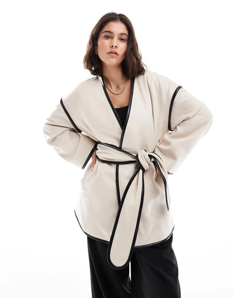  4th & Reckless Wool Blend Contrast Edge Belted Jacket In Cream White 