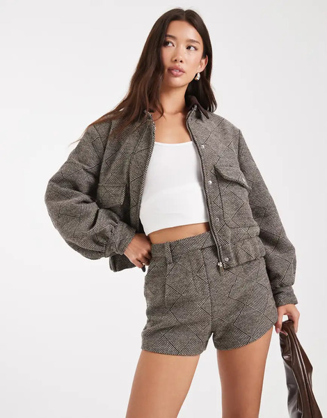  4th & Reckless Wool Feel Pocket Detail Contrast Collar Balloon Sleeve Bomber Jacket Co Ord In Brown Herringbone Check 