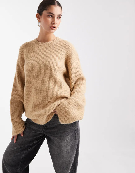  4th & Reckless Wool Feel Ribbed Knit Volume Sleeve Oversized Jumper In Camel Neutral 