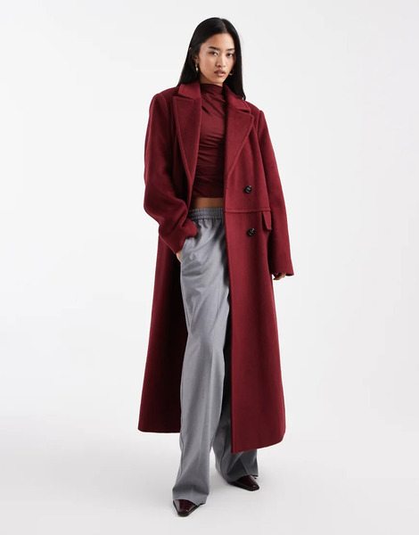  4th & Reckless Wool Look Double Breasted Longline Structured Formal Coat In Burgundy 