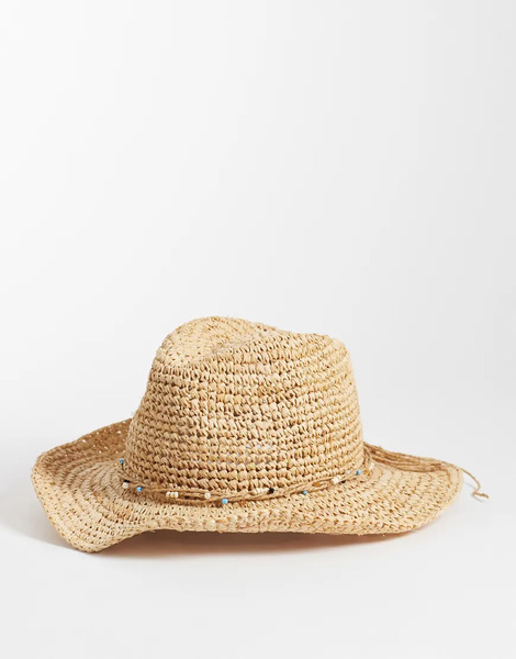  Accessorize Bead Trim Straw Cowboy Hat In Beige Neutral 