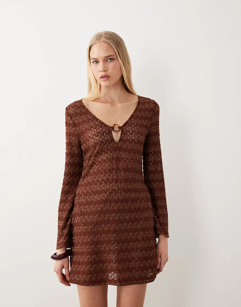  Accessorize Crochet Long Sleeve Beach Cover Up In Bronze Brown 