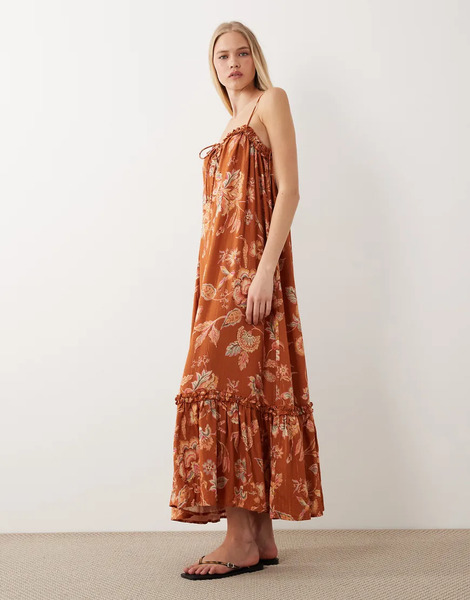  Accessorize Floral Frill Maxi Dress In Rust Orange 