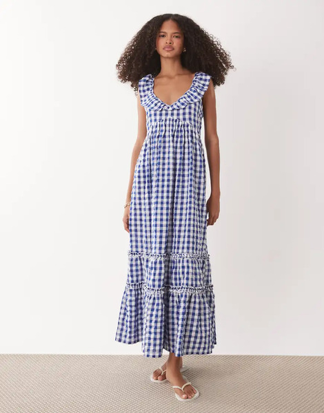  Accessorize Gingham Print Midi Beach Dress In Navy Blue 