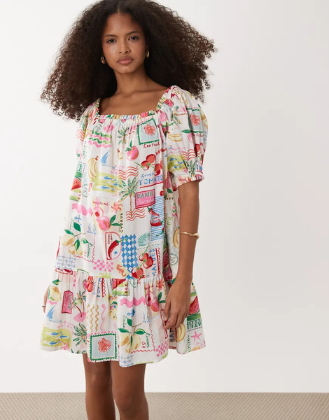  Accessorize Postcard Print Mini Beach Dress In Multi 