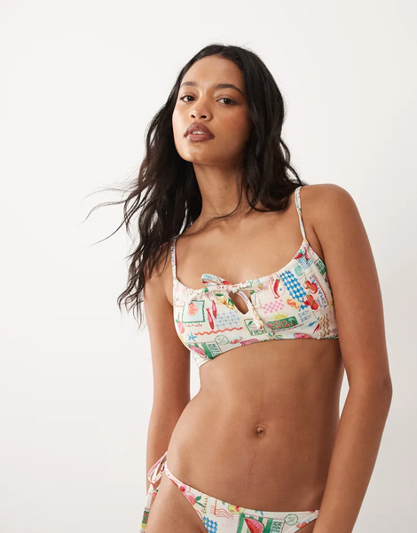  Accessorize Postcard Print Ruched Bikini Top In Multi 
