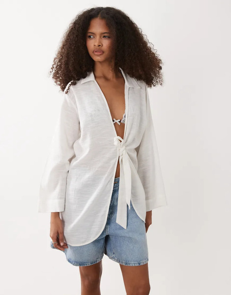  Accessorize Tie Front Beach Shirt In White 