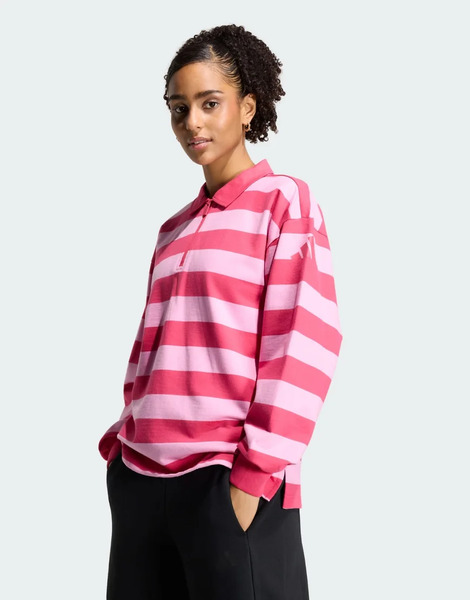  Adidas Performance Essentials Contemporary French Terry Longsleeve Polo In Power Pink / St Tropic Bloom 