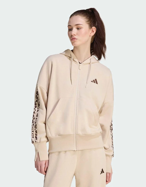  Adidas Performance Seasonal Essentials Animal Print 3 Stripes Full Zip Hooded Track Top In Crystal Linen / Multicolor Neutral 