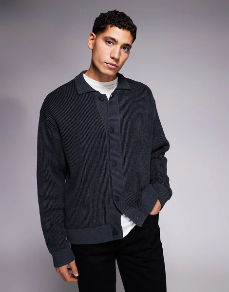  Adpt Knit Cardigan With Collar In Grey 