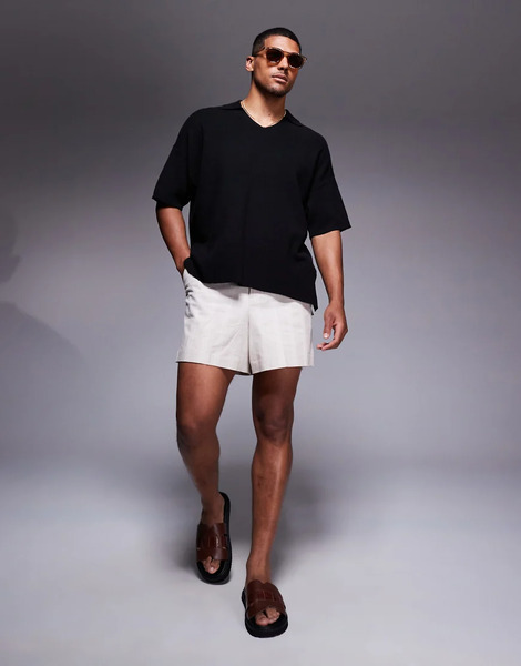  Adpt Oversized Knitted Split Neck Polo In Black 