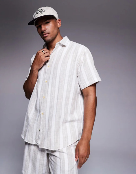  Adpt Oversized Texture Shirt In Cream Stripe White 