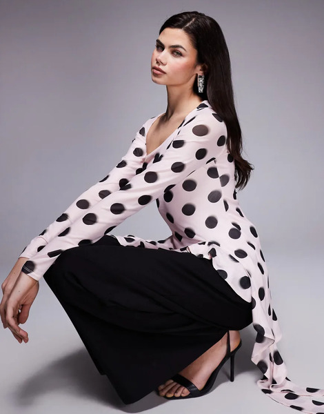  Afrm Doris Asymmetric Ruffle Drape Detail Top In Pink Oversized Polka Dot 