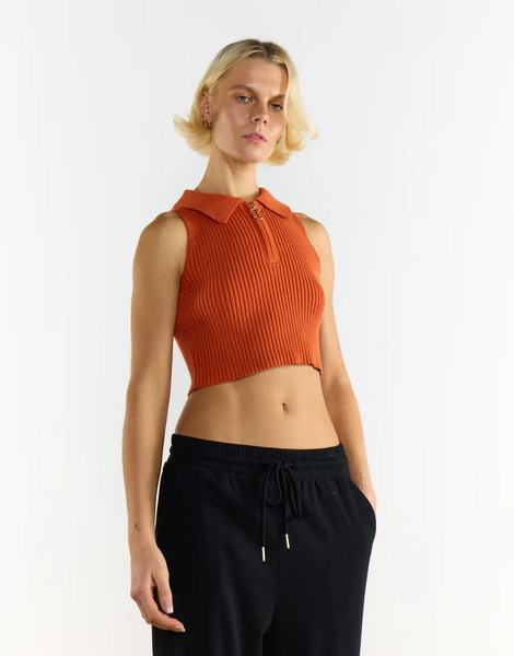  Agon Collared Crop Vest In Dark Rust Copper 