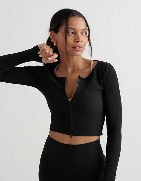  Aim'n Black Ribbed Performance Zipped Cardigan 